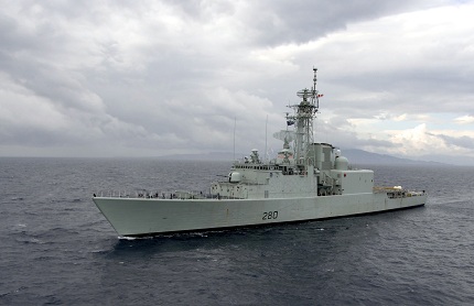 The Canadian destroyer HMCS IROQUOIS  sails the waters of the Aegean Sea off the coast of Greece.