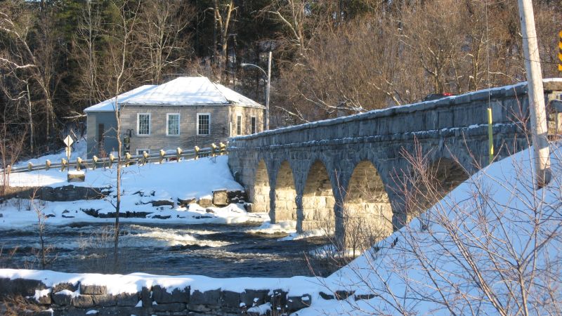 This stone bridge in Pakenham, Ontario, not far from Arnprior and Ottawa is the only five-span stone bridge in North America. Built in 1901, the largest stone is nine feet long and 2.5 ft square. Approach with caution, it's only one lane.