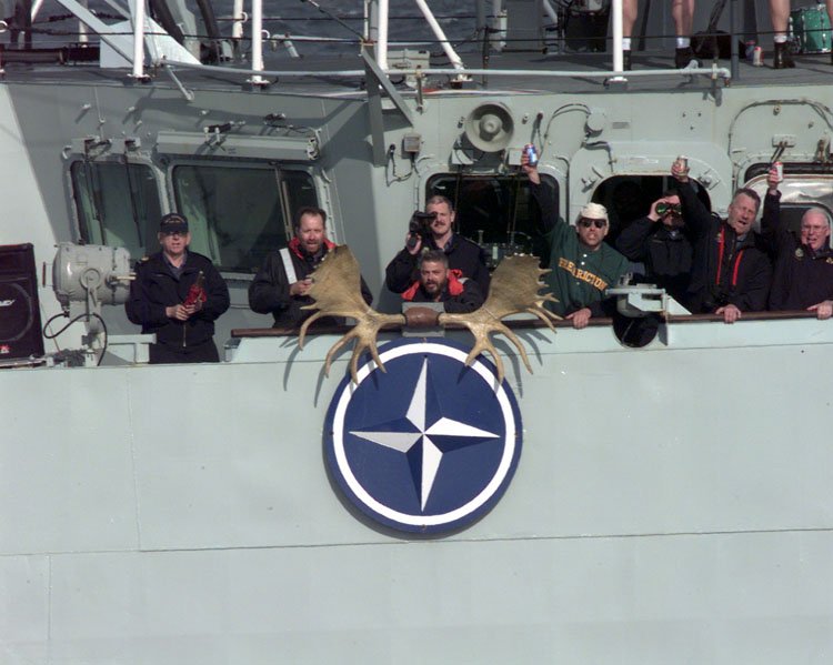 HMCS Fredericton sporting the antlers purloined from the USS Moosebrugger during a NATO EX a couple of years back.
The story has it that the Freddie left them mounted for the final sail-past.  The EX Commander (a Yank) nearly wet himself laughing, and the crew of the Moosebrugger 
